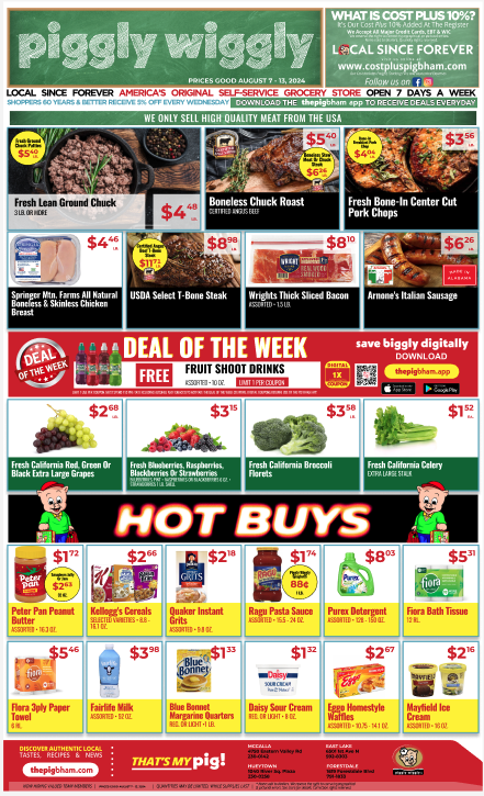 Piggly Wiggly weekly ad for August 7 to August 13, 2024, featuring deals on meats, produce, dairy, and other grocery items